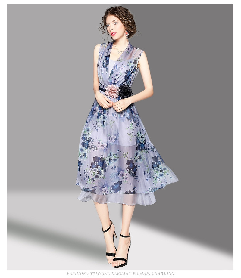Élégant Col En V Sans Manches Double Couche Floral Imprimer Robe Avec Ceinture