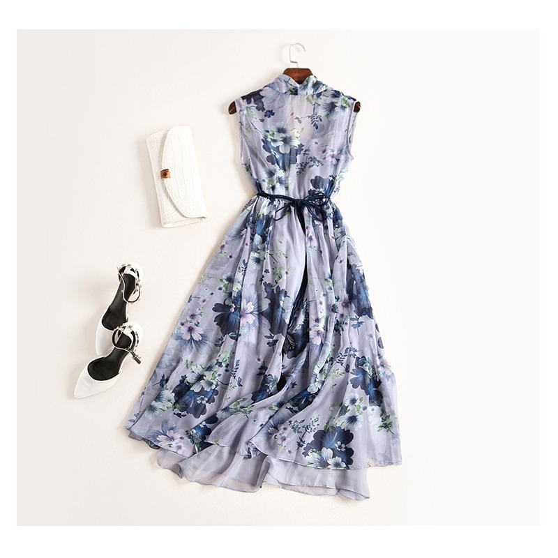 Élégant Col En V Sans Manches Double Couche Floral Imprimer Robe Avec Ceinture