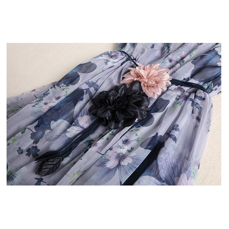 Eleganten V-Ausschnitt Ärmelloses Double-Layer-Floral Print Kleid Mit Taille