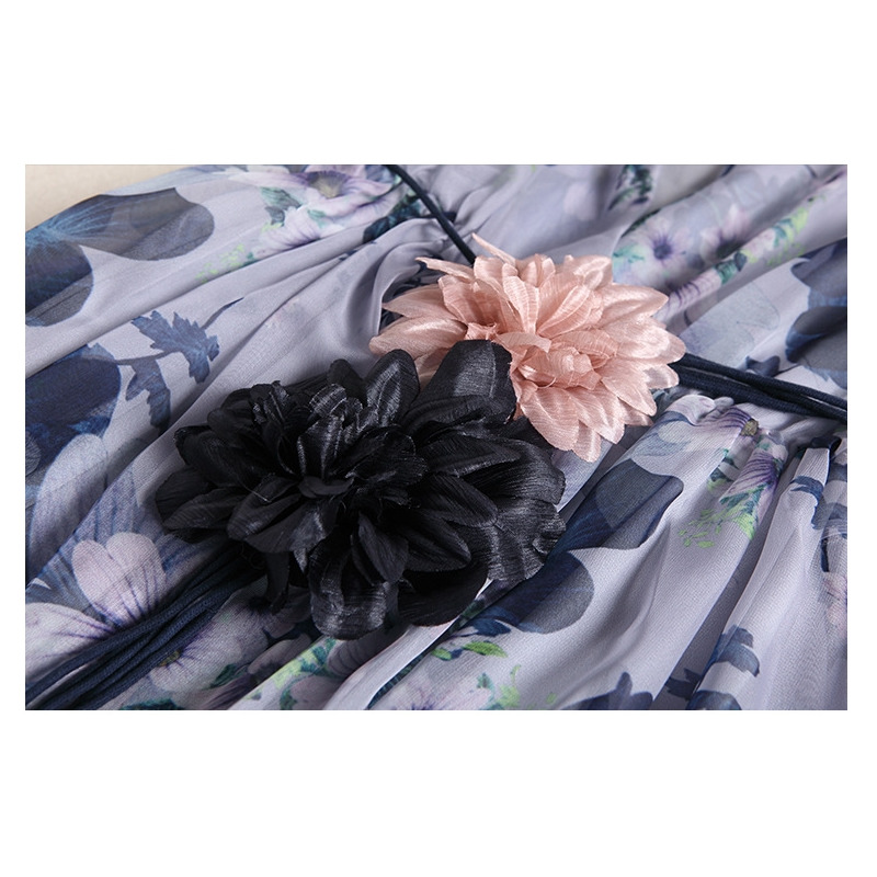 Élégant Col En V Sans Manches Double Couche Floral Imprimer Robe Avec Ceinture