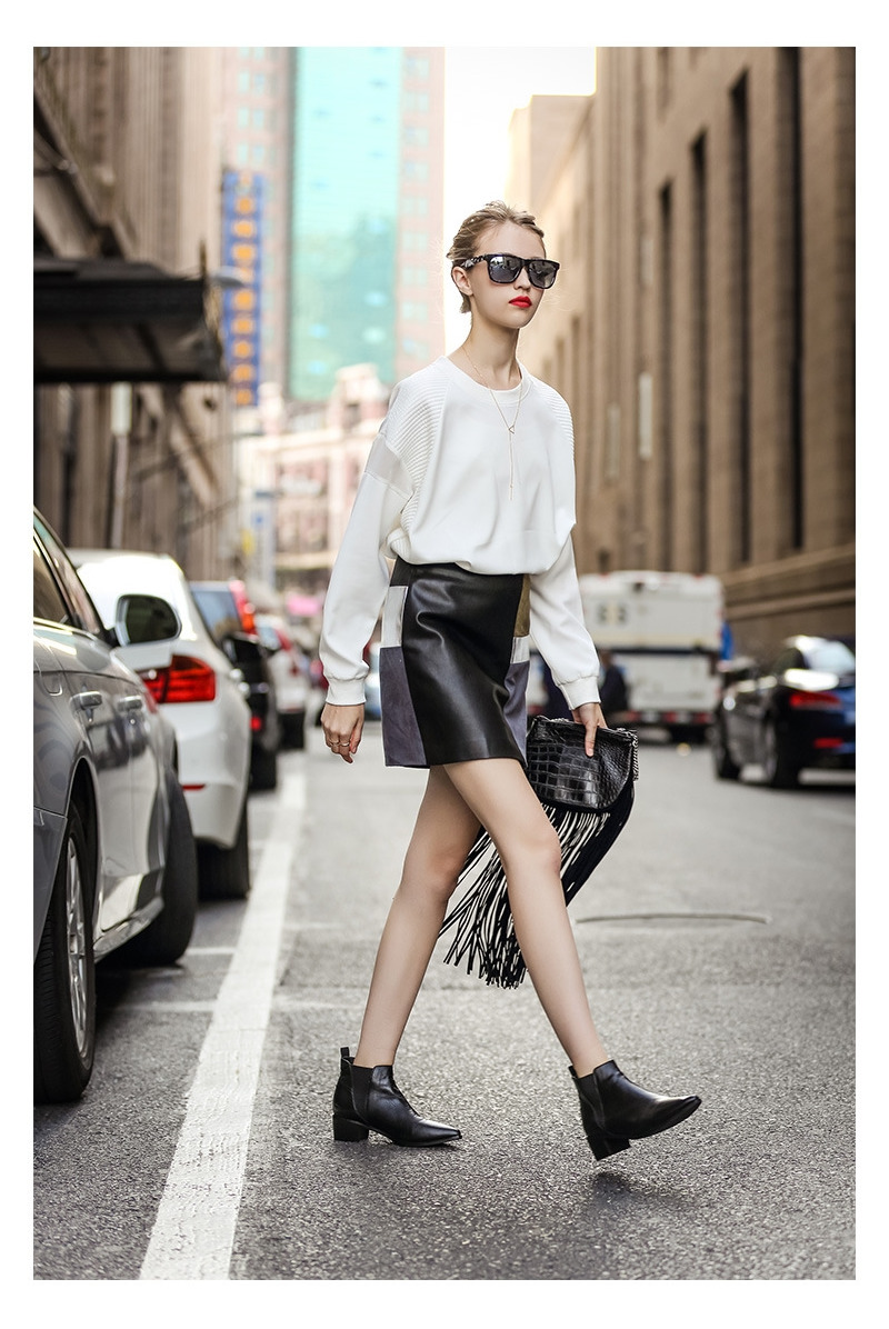 PU-Leder Stitching Contrast Gespleißt Rock | VoguesUs