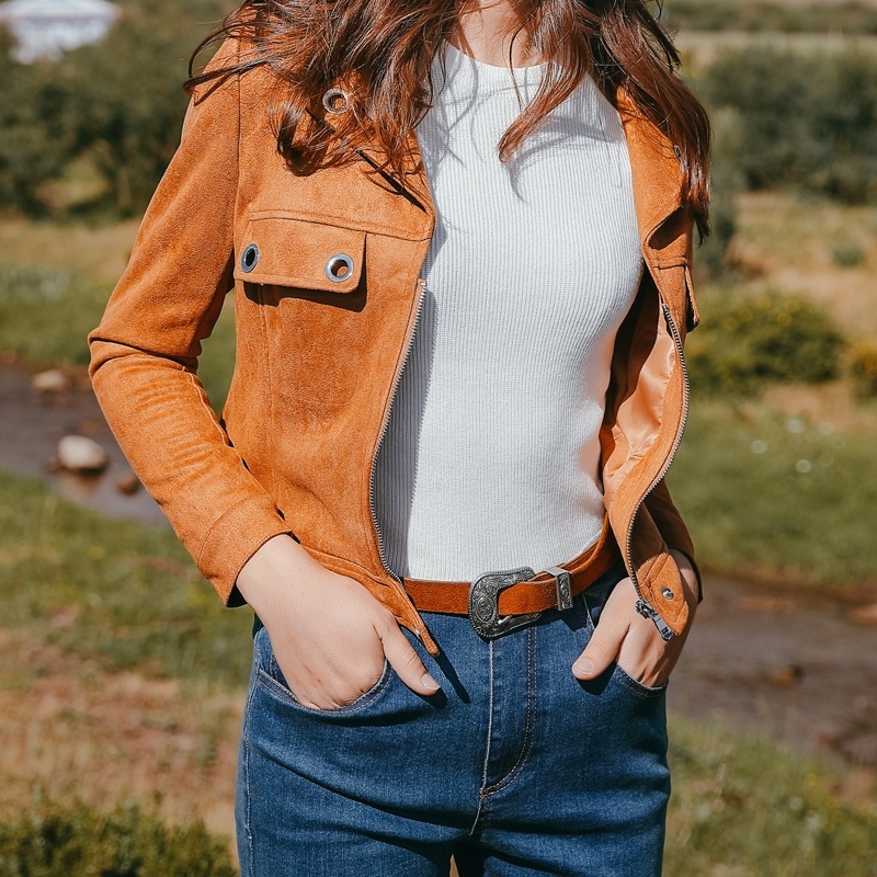Braune Leder-Look Biker-Revers Reißverschluss Kurze Jacke Mit Ring