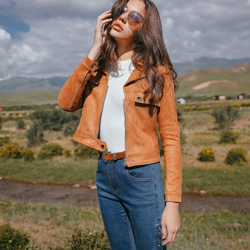 En Cuir Marron Look Biker Revers Fermeture Zip Veste Courte Avec Anneau