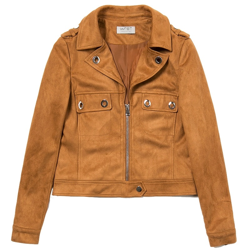 Brown Leather Look Biker Lapel Zip Fastening Short Jacket With Ring