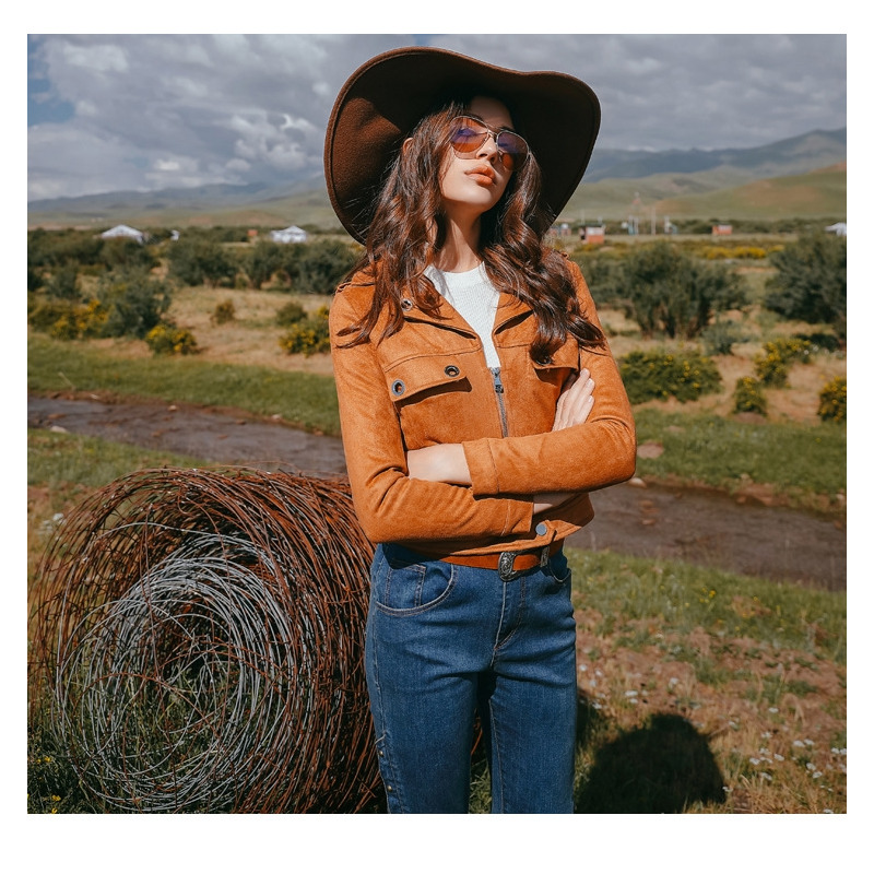 Braune Leder-Look Biker-Revers Reißverschluss Kurze Jacke Mit Ring