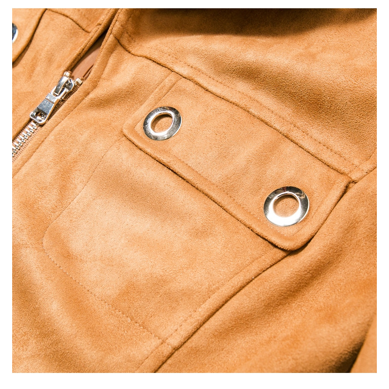 Braune Leder-Look Biker-Revers Reißverschluss Kurze Jacke Mit Ring