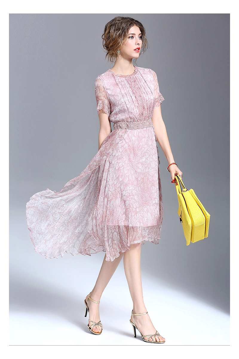 Élégant En Soie Col Rond Double Couche Floral Imprimer Robe Avec De La Dentelle