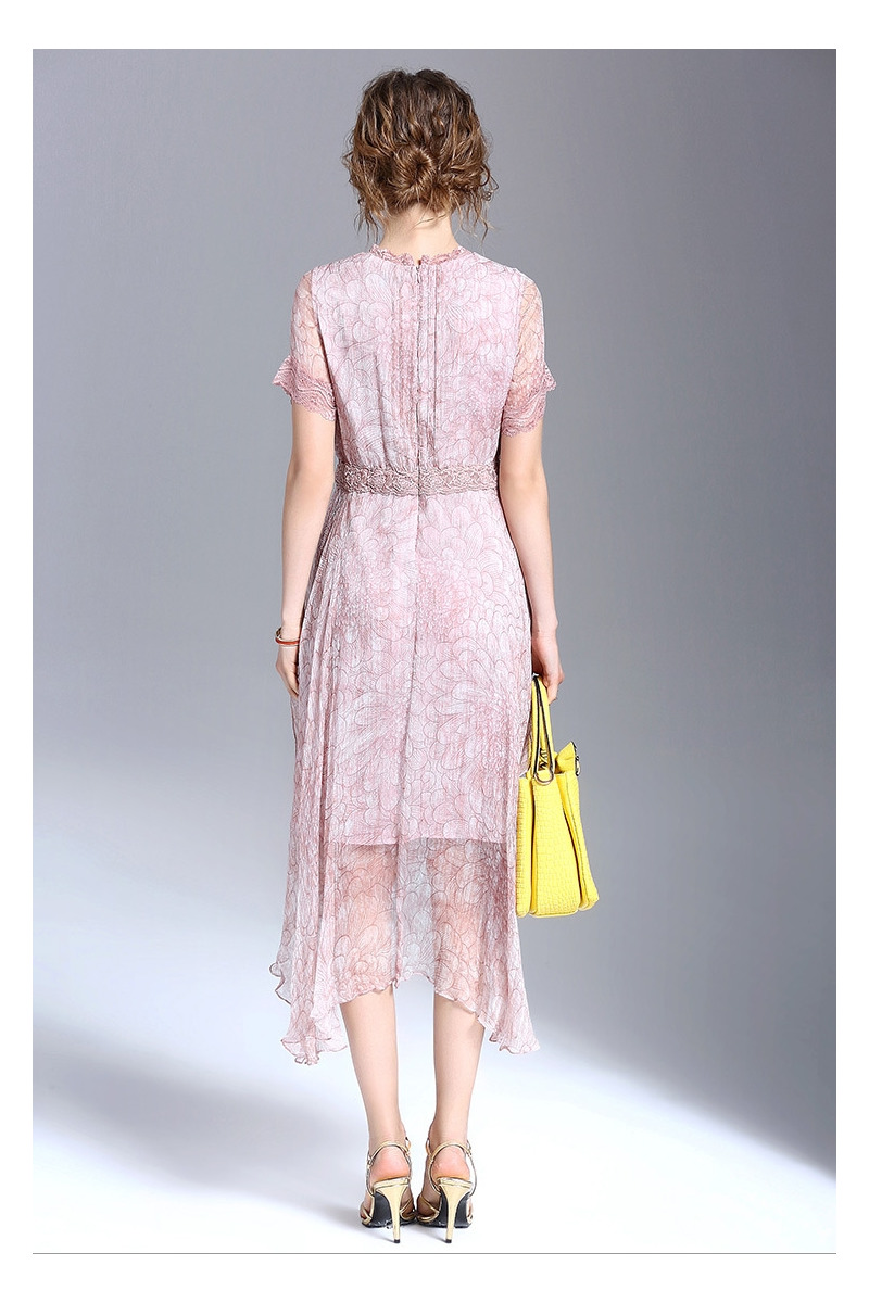 Élégant En Soie Col Rond Double Couche Floral Imprimer Robe Avec De La Dentelle