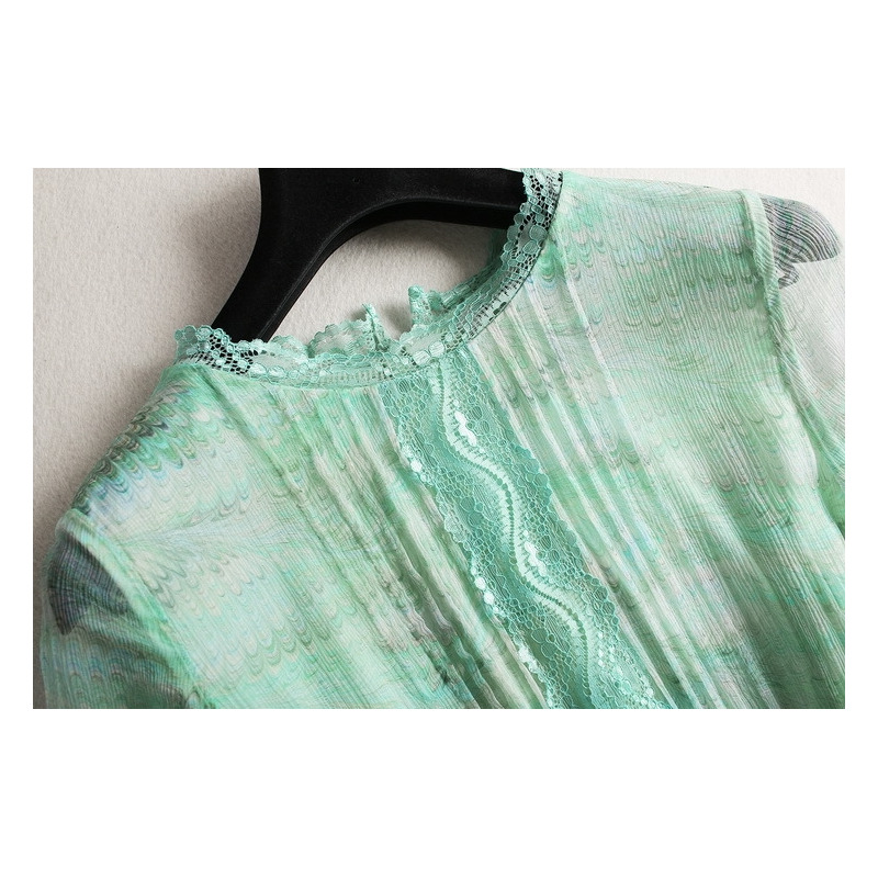 Élégant En Soie Col Rond Double Couche Floral Imprimer Robe Avec De La Dentelle