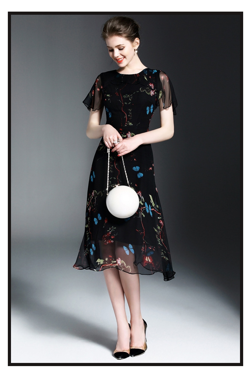 Elegant Black Silk Short Sleeve Butterfly Print Ruffle Hem Dress |