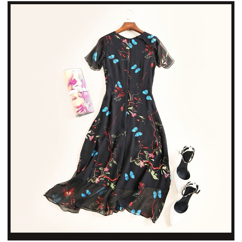 Elegant Black Silk Short Sleeve Butterfly Print Ruffle Hem Dress |