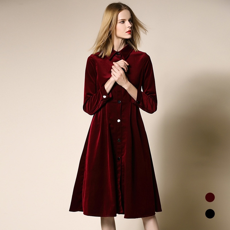 Elegant Velorur Long Sleeve Lapel A Line Dress | VoguesUs