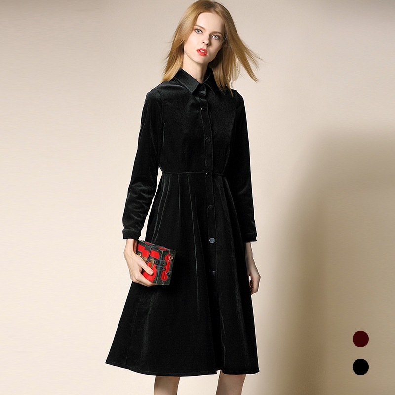 Elegant Velorur Long Sleeve Lapel A Line Dress | VoguesUs