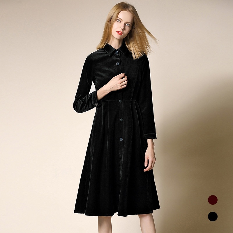 Elegant Velorur Long Sleeve Lapel A Line Dress | VoguesUs