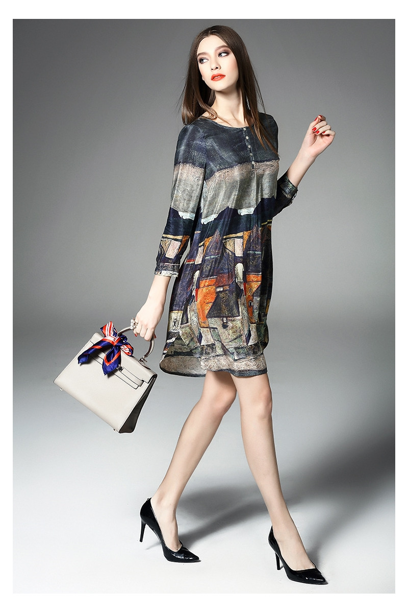 Elegant Silk Graphic Print Long Sleeve Shift Dress | VoguesUs