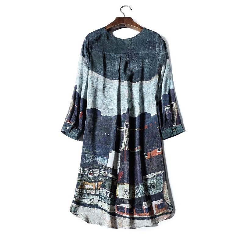 Elegant Silk Graphic Print Long Sleeve Shift Dress | VoguesUs