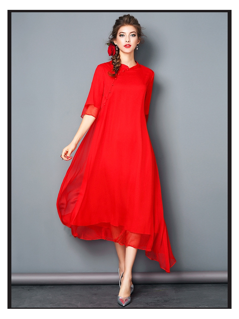 Soie Manches 3/4 Col Haut Double Couche Ourlet Asymétrique Robe Maxi |