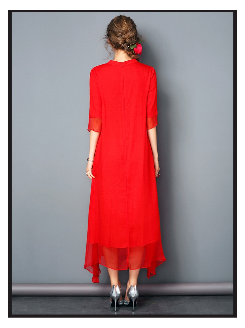 Silk 3/4 Sleeves High Neck Double Layer Asymmetrical Hem Maxi Dress |