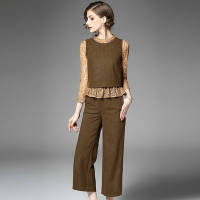Gestrickte Weste Und Runde Spitze Shirt Und Wide-Leg-Gestrickte Hosen Set