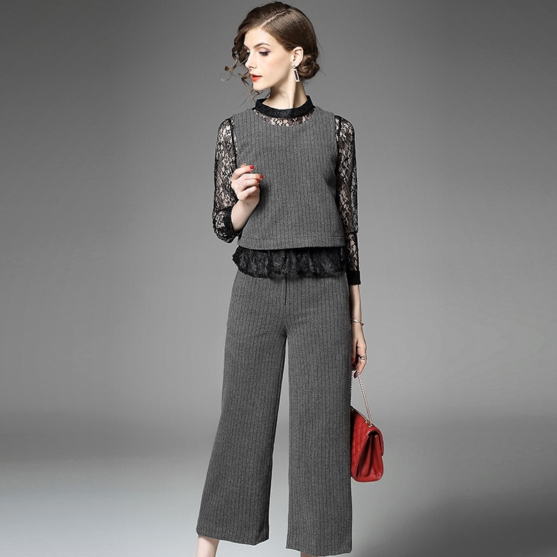 Gestrickte Weste Und Runde Spitze Shirt Und Wide-Leg-Gestrickte Hosen Set