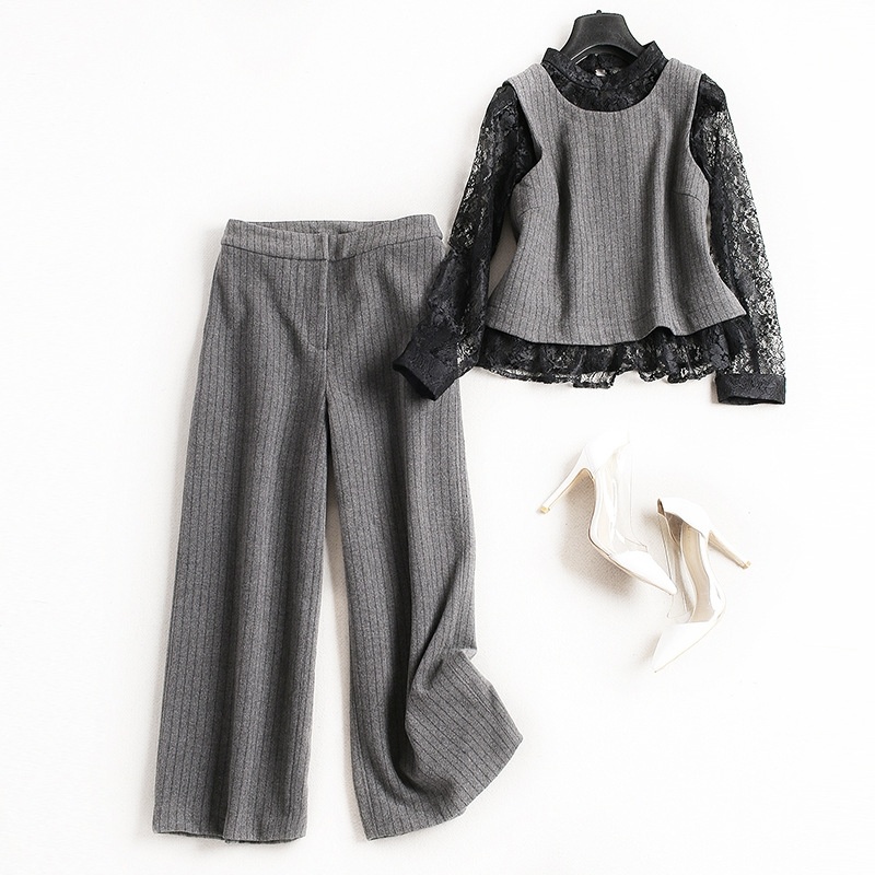 Gestrickte Weste Und Runde Spitze Shirt Und Wide-Leg-Gestrickte Hosen Set
