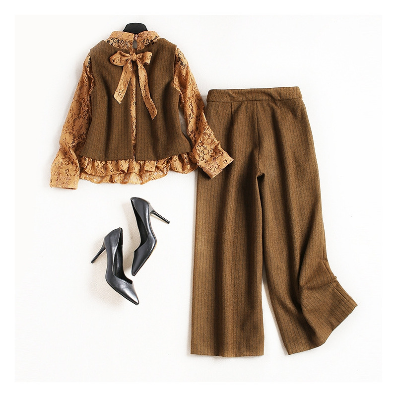 Gestrickte Weste Und Runde Spitze Shirt Und Wide-Leg-Gestrickte Hosen Set