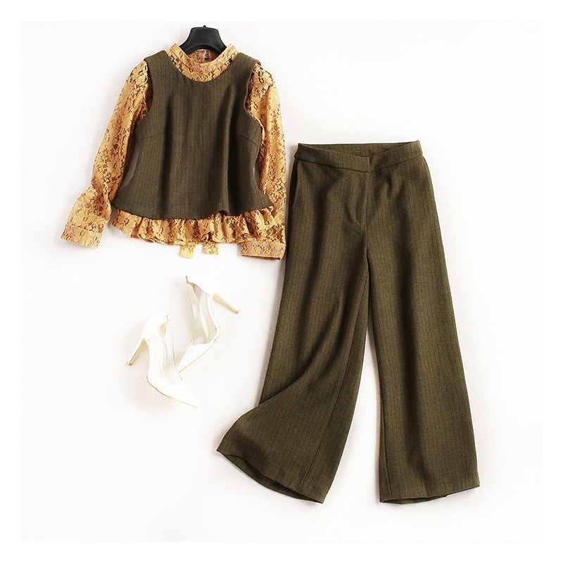 Gestrickte Weste Und Runde Spitze Shirt Und Wide-Leg-Gestrickte Hosen Set