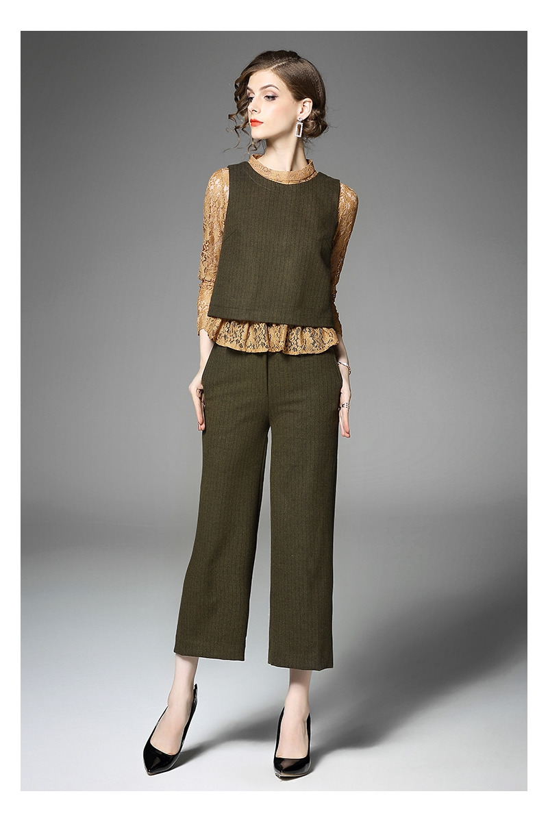Gestrickte Weste Und Runde Spitze Shirt Und Wide-Leg-Gestrickte Hosen Set
