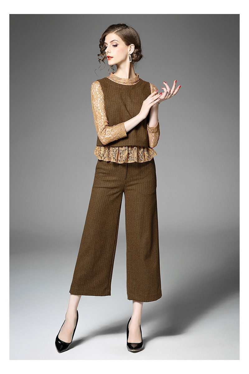 Gestrickte Weste Und Runde Spitze Shirt Und Wide-Leg-Gestrickte Hosen Set