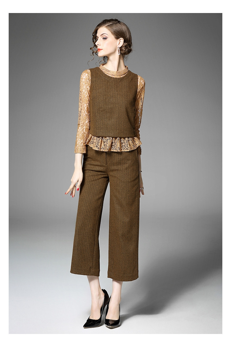 Gestrickte Weste Und Runde Spitze Shirt Und Wide-Leg-Gestrickte Hosen Set