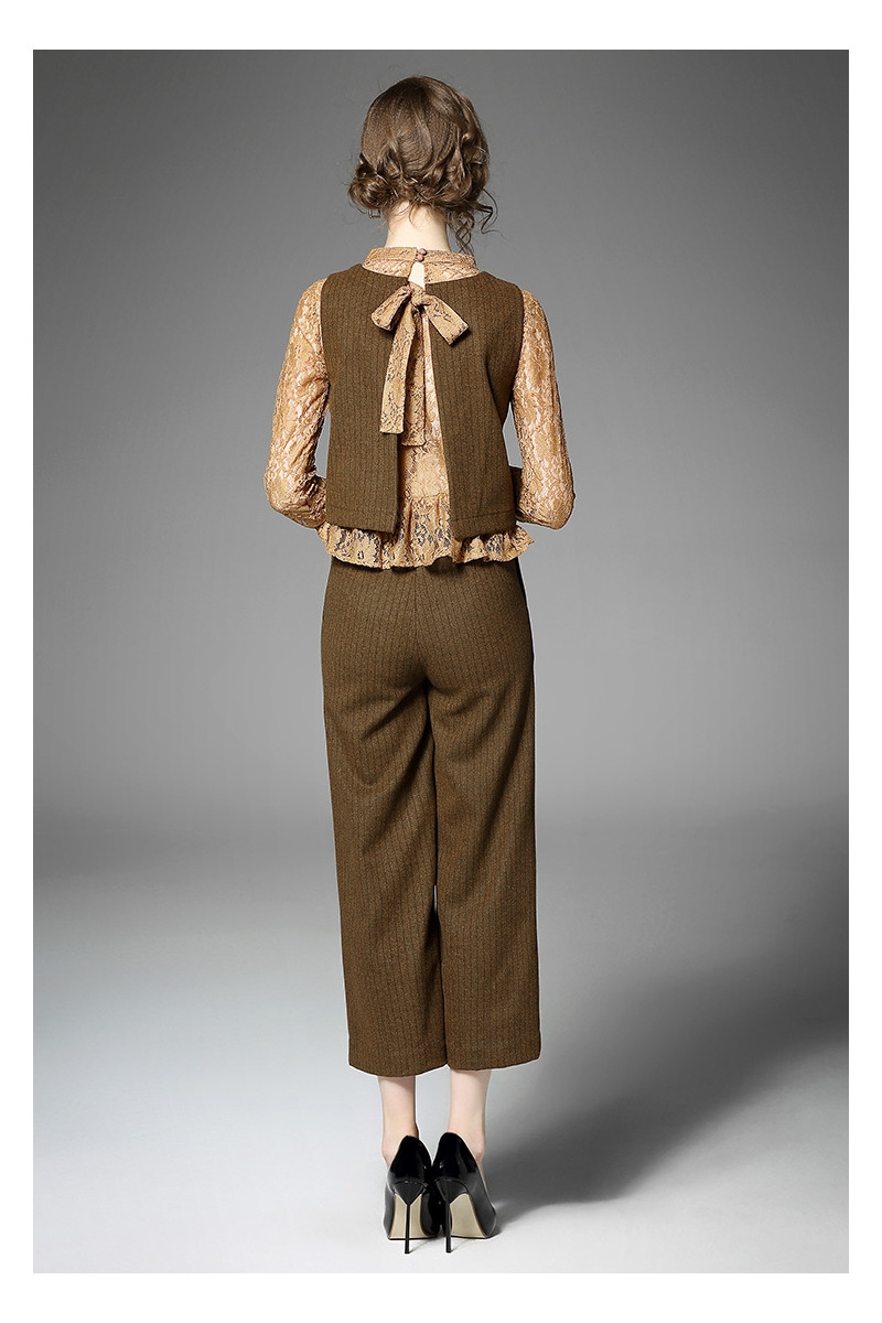 Gestrickte Weste Und Runde Spitze Shirt Und Wide-Leg-Gestrickte Hosen Set