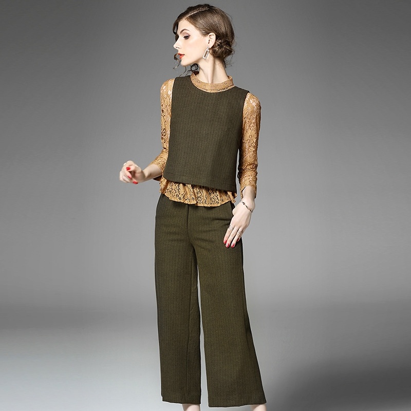 Gestrickte Weste Und Runde Spitze Shirt Und Wide-Leg-Gestrickte Hosen Set