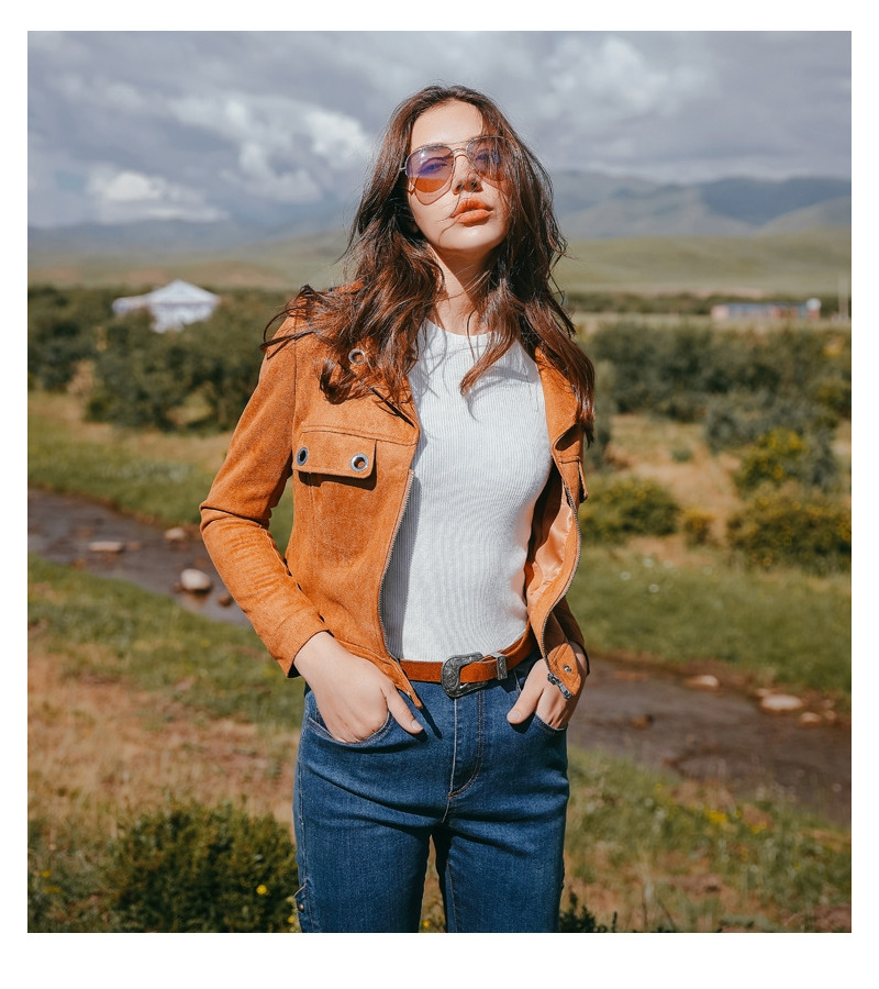 En Cuir Marron Look Biker Revers Fermeture Zip Veste Courte Avec Anneau