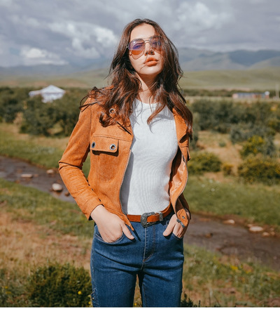 En Cuir Marron Look Biker Revers Fermeture Zip Veste Courte Avec Anneau