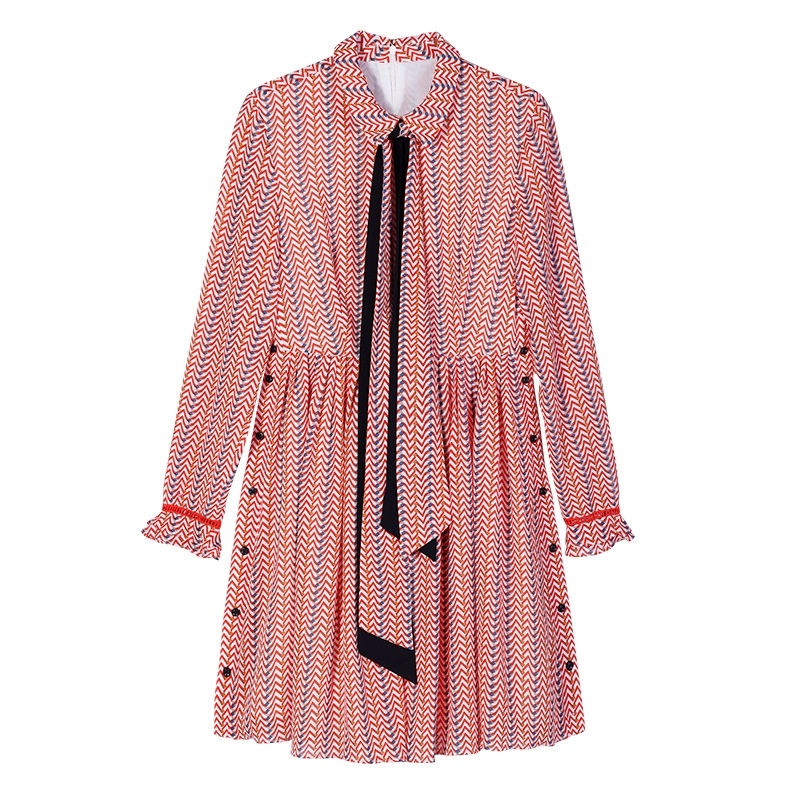Herbst-Doppel-Farbe Herringbone Print Chiffon Kleid Mit Krawatte Hals |