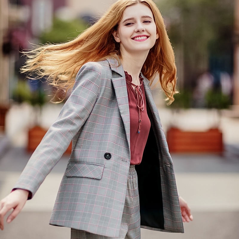 Frauen-Plaid-Langarm-Tailored Blazer Und Gerade Hosen Zwei
