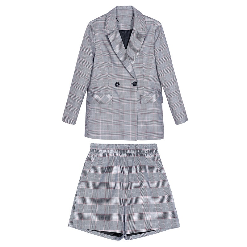 Frauen-Plaid-Langarm-Tailored Blazer Und Gerade Hosen Zwei