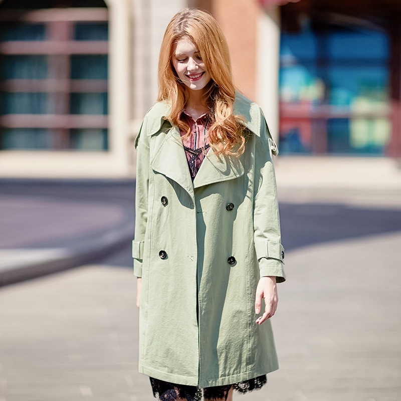 Women's Lapel Double Breasted Cotton Trench Coat With Tie Belt And