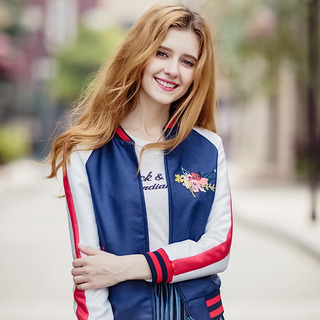 Autumn Striped Floral Embroidered High Collar Zipper Short Jacket |