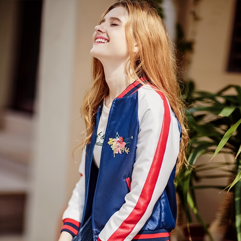 Herbstlich Gestreift Floral Bestickter Stehkragen, Reißverschluss Kurze Jacke |