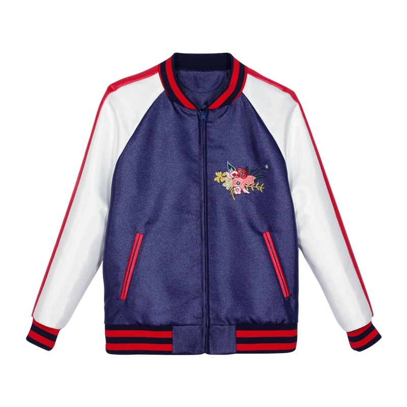 Herbstlich Gestreift Floral Bestickter Stehkragen, Reißverschluss Kurze Jacke |