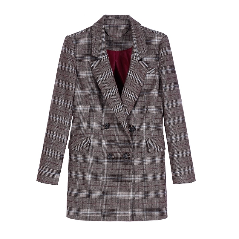 Frauen England Lattice Double Breasted Anzug Blazer Mit Pattentaschen