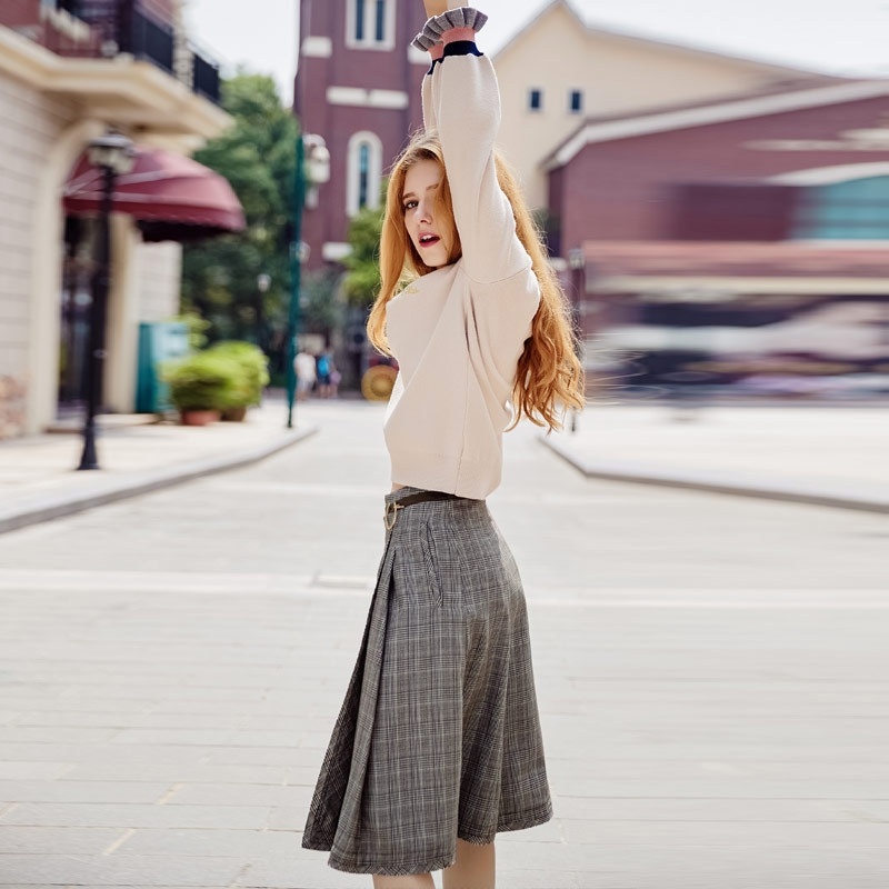 Women's Autumn And Winter Plaid Stitching A Line Skirt With Metal