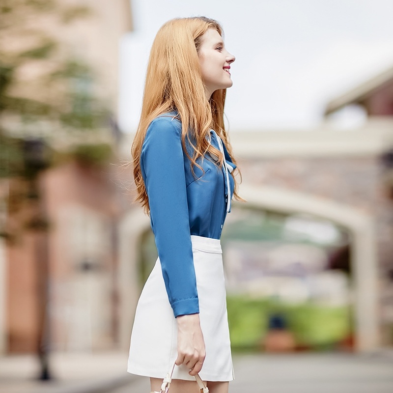 Blue Long Sleeve Single Breasted Shirt With Contrast Bow Tie |