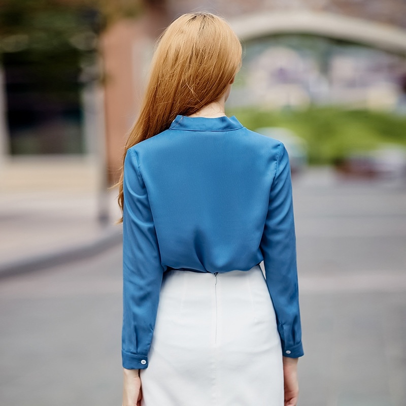 Blue Long Sleeve Single Breasted Shirt With Contrast Bow Tie |