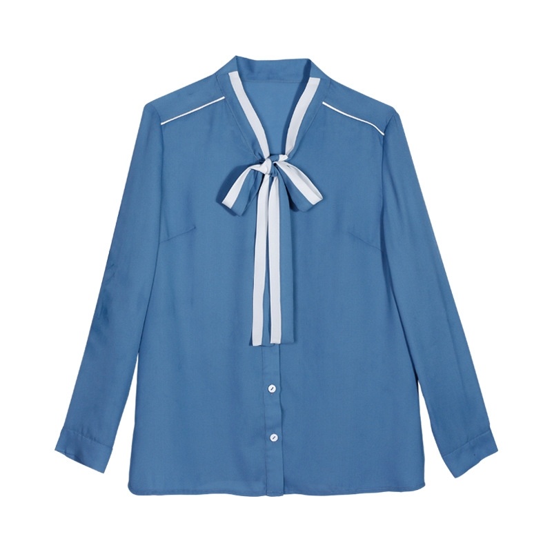 Blue Long Sleeve Single Breasted Shirt With Contrast Bow Tie |