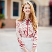 Floral Print Bow Tie Süß Chiffon Hemd Mit Rüschen Vorne