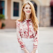 Floral Print Bow Tie Sweet Chiffon Shirt With Ruffle Front