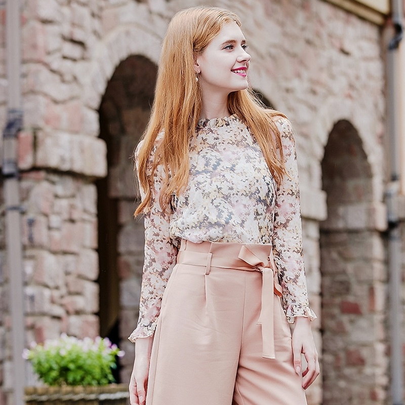 Femmes Manches Longues imprimé Floral à Volants Col Haut en Mousseline de soie Blouse |