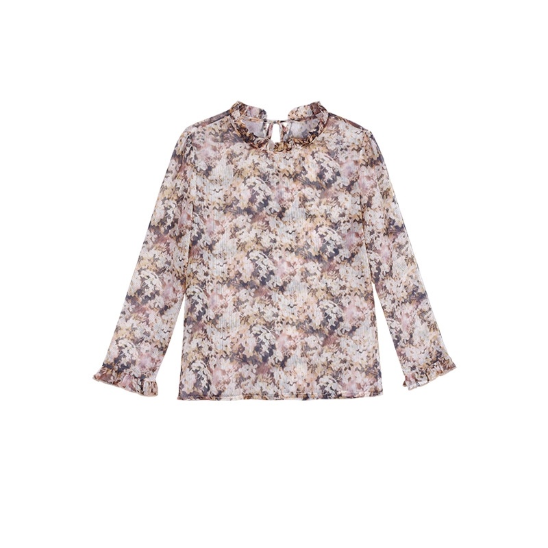 Women's Long Sleeve Floral Print Ruffle High Neck Chiffon Blouse |